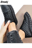 Women Autumn Pu Leather Sneakers Sewing Lace-Up Platform Flats Vulcanized Shoes Thick Sole Brief Casual White Black Canvas