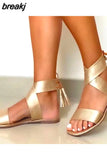 Size Women's Shoes 2023 Summer New Style Gold Flat Tassel Square Head Lace-up Women's