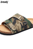 New Summer Men Camouflage Cork Slipper Canvas Non-slip Buckle Outside Beach
