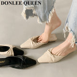 Women Slippers 2023 French Gentle Pleated Lazy Mule Drag Square Toe Flat Heels Brand Sandals Casual Slides Summer Shoes