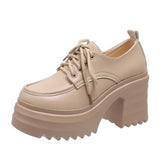 Leather Women Pumps Platform Square Heel Lace Up Oxford Women Party Role Play Uniform Dress Shoes Fashion High Heels