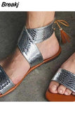 Summer Women's Flat Sandals Ankle Lace Open Toe Gladiator Sandals Tassels Roman Shoes Women's Gold Large Flat