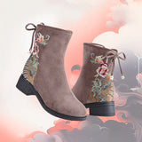 Breakj New Women's Boots Suede Cotton Boots And Velvet Inside The Middle Heel Ankle Boots To Keep Warm Fashion National Style Embroidered Cloth