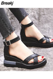 2023 Women Wedges Pu Leather Sandals Buckle Strap Korean Style Solid Platform Side Open Casual Ladies Slingbacks