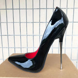 Women Red Inside Pumps 16cm Extreme Metal High Heels Black Sexy Pointy Toe Stilettos Man Fetish Model Club
