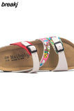 Fashion Print Cork Slipper 2023 New Summer Women Beach Double Buckle Slides