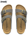 2023 New Summer Men Cork Slipper Casual Beach Double Buckle Non-slip Outside Nubuck Leather Slip on Slides