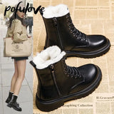 Boots Women Winter Shoes Black Leather Boots Warm Fur Ankle Booties Goth Platform Shoes Flat Botas Fashion