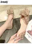 Women Flat Heel Crystal Shoes Pearl Flats Party Spring Summer Pointed Toe Slip On Sexy V Mouth Lady Weekends Loafers