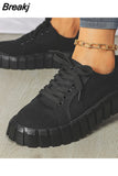 Women Autumn Pu Leather Sneakers Sewing Lace-Up Platform Flats Vulcanized Shoes Thick Sole Brief Casual White Black Canvas