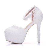 Breakj Cm White Lace Wedding Shoes Fine Heel Round Head Waterproof Shoes Large Size White Wedding Shoes