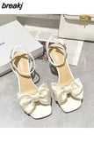 8CM Sandals Women Summer Designer Sandals Heels Rhinestone Silk Bow Ankle Strap Ladies Prom sandale femme luxe