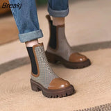 and winter new elasticated thick-soled women's boots French retro flat color elastic stitching plaid fashion