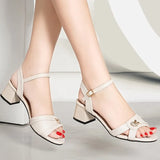 4.5CM Open toe Leather Roman Square heel High heels sandals women summer shoes Fashion Sexy word Metal Buckle ladies