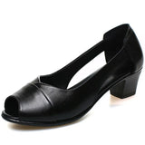 Genuine Leather Comfortable Ladies Mid Heel Sandals Women Shoes Hollow Peep Toe Square Heel Sandals