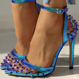 Brand Sexy Thin High Heels Party Summer Sandals Shoes Woman Pointed Toe Rivets PVC women's ankle-strap Lady