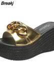 Women Slippers Chain High Heels Female Casual Shoes Summer Outside White Black Slides Ladies Beach Pantuflas De