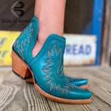 2021 New Trendy Female Pointed Toe Western Boots For Women Casual Chunky Heel Vintage Embroidery Cowboy Shoes
