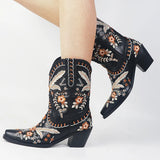 New 2023 Spring Autumn Western Boots With Flower Fashion Cowgirl Walking Comfy Woman Ankle Boot