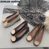 QUEEN Women Flats Shoes Low Wooden Heel Ballet Square Toe Shallow Buckle Brand Shoes Slip On Loafer Big Size 35- 41