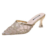 High Heels Sandals Woman Mesh Summer Shoes Women Pumps Pointed Toe Ankle Buckle Strap Ethnic Embroidery Flower