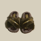 Winter Women Cross Fluffy Slipper Casual Fashion Metal Buckle Artificial Plush Inside Soft Slides