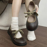 Shallow Mouth Brown Round Head Flat Bottom Single Shoes Women Vintage Mary Jane Shoes Lace-up Casual Student