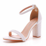 Queen 9CM High Heels White Pearls Wedding Shoe Bride Open Toe Prom Evening Formal Party Dress Pumps Summer
