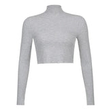 Solid Nude Turtleneck Cropped T Shirt Women Autumn Casual Long Sleeve T-shirt Ladies Skinny Basic Tee Shirt