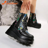 Women's Punk Gothic Platform Wedge Ankle Boots 2023 Hot Sale Round Toe Lace Up Buckle Strap Short Boots Side Zipper Female