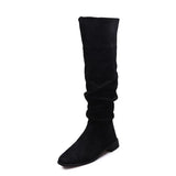 Pleated Boots Women Black Nude Faux Suede Flock Knee High Boot Ladies Flat Autumn Winter Dress Shoe 43 Solid Slip on