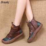 Genuine Leather Women Boots Retro Shoes Mixed Colors Flat With 2022 New Autumn Winter Concise Square Toe Ladies