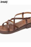 Size 33-40 Women Sandals Real Leather Rome Low Heels Summer Shoes For Women 2023 Buckle Strap Chunky Heel
