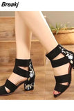 for Women 2023 New Ankle-Wrap Women's Sandals Summer Black Embroidered Mid-heel Sandals Elegant Open Toe Square Heel