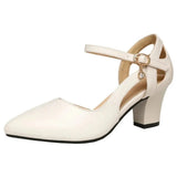 Women Classic Pointed Toe High Quality Black Leather Buckle Strap Square Heel Shoes Lady Office Pumps Sapatos Femininas