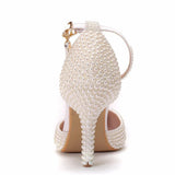 Queen Pointed Toe White Ivory Pearl Wedding Shoes Thin High Heels Pumps Bridal Ankle Strap Sandals Female Party