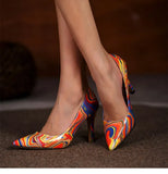 High Heels Pumps Satin New Stiletto Heels Abstract Printing Classic Pointed Toe Ladies Sexy High Heels Shoes