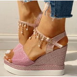 2020 New Women Wedge Sandals Summer Bead Studded Detail Platform Sandals Buckle Strap Peep Toe Thick Bottom Casual Shoes