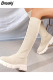 New Winter Stretch Sock Boots Over The Knee Boots Women's Thick Bottom Slim High Heel Large Size Round Toe Botas De
