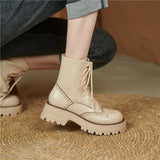 Women Genuine Leather Motorcycle Boots Platform Thick Heel Round Toe Shoes Med Heel Lace Up Ladies Boots Autumn