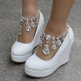 Queen Ankle Strap Wedges Pumps Large Size Bridal Women Rhinestone Platform Shoes Mary Jane High