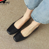Shoes For Women Flats Shoes Leather Square Toe Low-Heeled Single Shoes Simple Solid Color Retro Spring