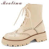 Women Genuine Leather Motorcycle Boots Platform Thick Heel Round Toe Shoes Med Heel Lace Up Ladies Boots Autumn