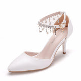 Queen White Pearls Tassel Chain Sandals Thin High Heels Pointed Toe Mary-Janes Stiletto Rhinestone Weddding