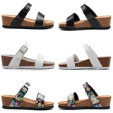 2023 Summer Women Beach Med Heel Cork Slippers Casual PU Leather Wedge Platform