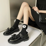 Breakj Sweet Bows Black Small Leather Shoes 2024 Round Head Light Mouth Buckle Low Heel Mary Jane Single