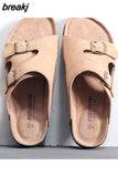 Fashion Men Beach Cork Slippers Summer Buckle Cow Suede Non-slip Outside EVA Slide