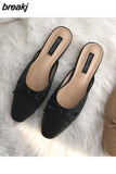 Women Brand Flat Slippers Summer Slides Bowtie Shallow Square Toe Mule Women Breathable Knitting Flip Flops Women Platform