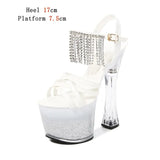 2023 New Platform Sandals Women Summer Sexy Square Heel Cross Belt High Heels 17cm Bling Ladies Strip Pole Dance