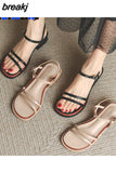 Summer Women Sandals Thick Heels Ladies Soft Comfortable Strip Straps Solid Beige Black Sexy Elegant Sandals